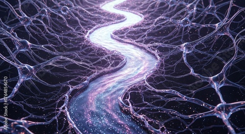 Abstract river flowing through a network of interconnected structures.