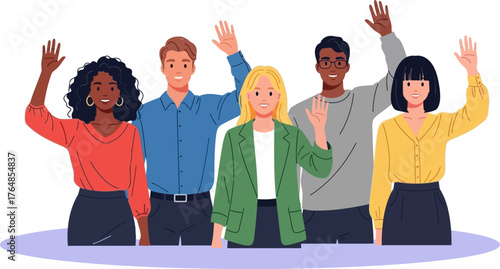 Multinational team. Vector illustration of diverse young adults standing in a line and waving their hands. Isolated on background
