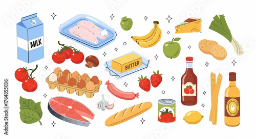 Assortment of fresh food items isolated on white background