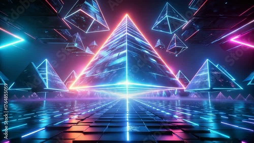 Neon pyramids floating in dark space with color shifts