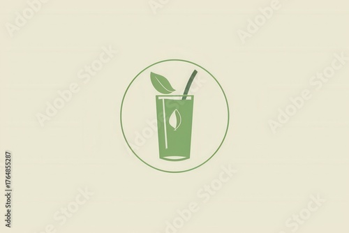 Green smoothie icon with leaf and straw on light background