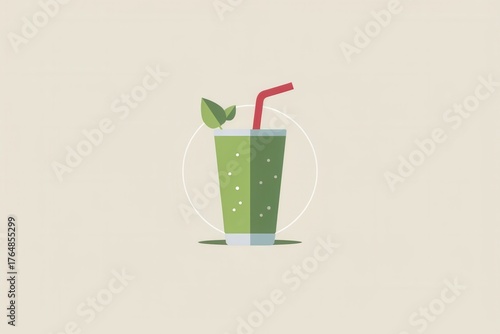 Refreshing green smoothie with straw and mint leaf illustration