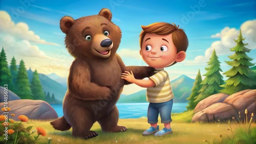 Cartoon boy hugging bear in mountain landscape