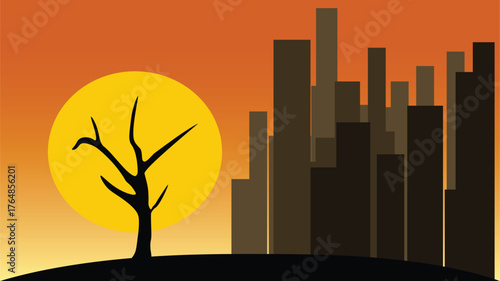 Sunset view in high rise city in the lost nature angle illustration