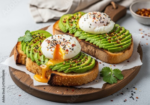 Delicious avocado toast with poached eggs and everything seasoning, a healthy breakfast option