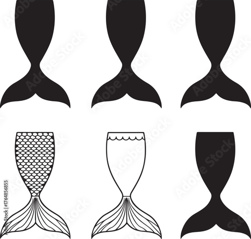 Collection of Six Stylized Mermaid Tail Silhouettes and Outlines on a White Background Keywords: mermaid tail, silhouette, outline, black, white, graphic, design, element, icon, symbol, fantasy