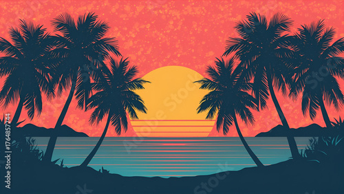 Silhouettes of Palm Trees on a Tropical Beach at Sunset - Contemporary Vintage Hues