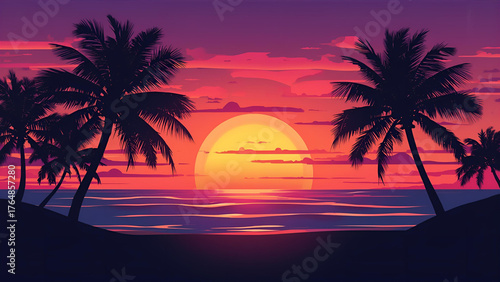 Silhouetted Palm Trees on a Tropical Shore at Sunset - Stylish Vintage Shades