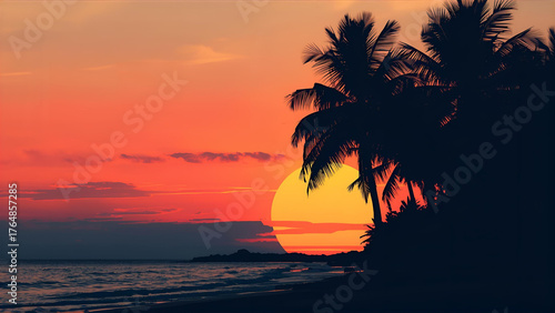 Silhouettes of Palm Trees on a Tropical Coast at Sundown - Current Vintage Colors