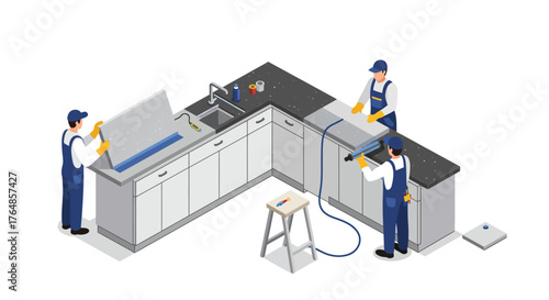 Isometric kitchen renovation with workers installing countertops