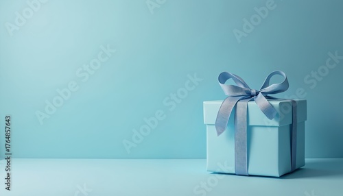 Fototapeta kuchenna Light blue gift box with matching ribbon on solid blue background. Box is wrapped with blue ribbon and has bow on top. Gift is placed on blue surface. Blue present symbolizes thoughtful surprise.