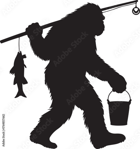 Silhouette of a Bigfoot creature fishing holding a bucket and a fish on a white background Sasquatch