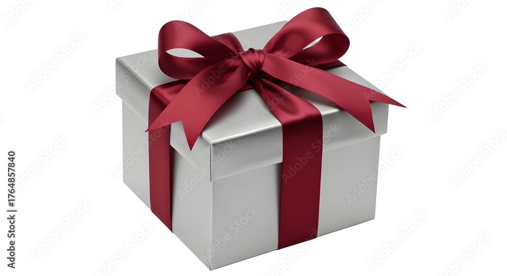 Obraz premium Silver gift box wrapped with a red satin ribbon and bow for holidays and promotions isolated PNG with Transparent Background