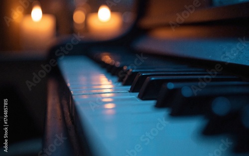 Warm candlelight bathes piano keys in a soft glow, highlighting glossy surfaces and casting intimate shadows for a cozy mood.