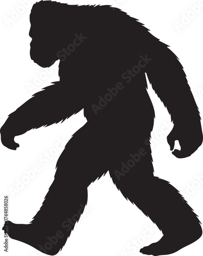 Silhouette of a walking Bigfoot creature with shaggy fur detail on a white background Sasquatch Yeti