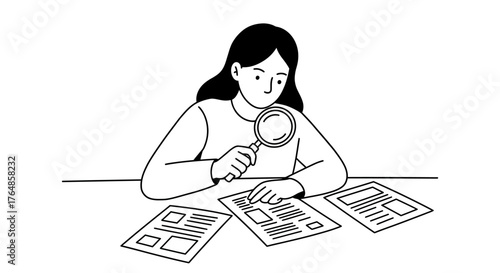 Woman analyzing documents at desk with magnifying glass in minimalist line art
