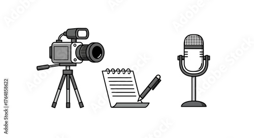 Media tools icons featuring camera, microphone, and notepad for content creation