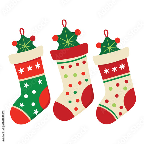 Christmas socks set with gifts and decorations isolated on white background