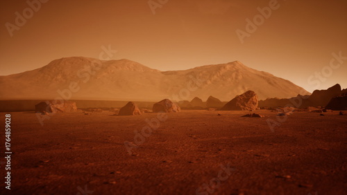 Fotografie Barren terrain stretches across the surface of Mars, with rugged mountains rising in the background