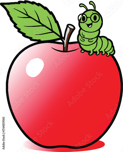 Cute cartoon green caterpillar wearing glasses sitting on a shiny red apple with a leaf