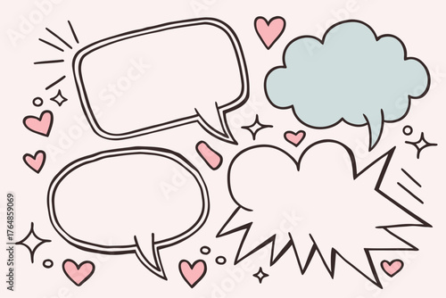 A cute, hand-drawn illustration featuring a collection of empty speech and thought bubbles against a soft pink background.