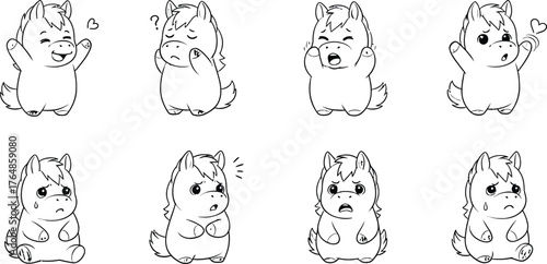 Cute cartoon horse character expressing a variety of emotions and reactions in a simple line art style