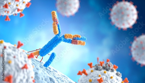 A vibrant 3D rendering shows blue antibodies binding to orange antigens on a cell surface—visually representing the immune system’s defense mechanism and the precision of molecular recognition.