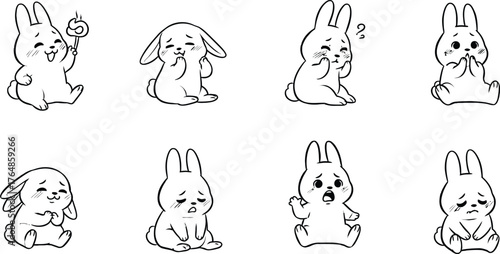 Cute cartoon white bunny rabbit with various adorable and expressive emotions and gestures in a simple line drawing style