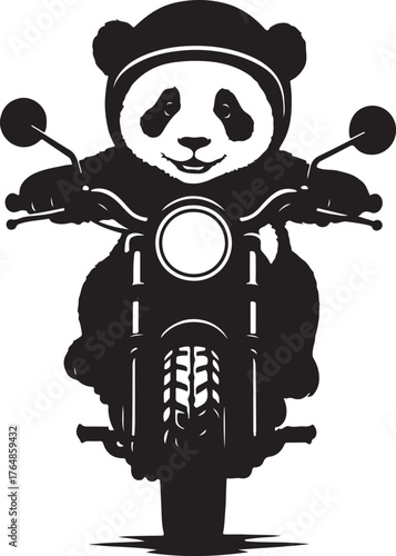 Baby giant panda adorably riding a motorcycle silhouette