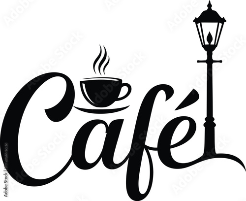 Elegant black cafe logo with steaming coffee cup and vintage lamppost on white background