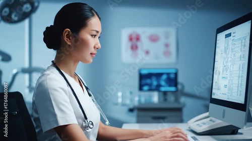 Asian medical professional at a desk with computer, looking at screen, working with data