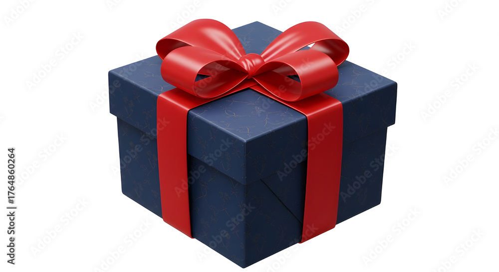 Fototapeta premium Isolated Dark Blue Gift Box with Red Ribbon and Bow on White Background
