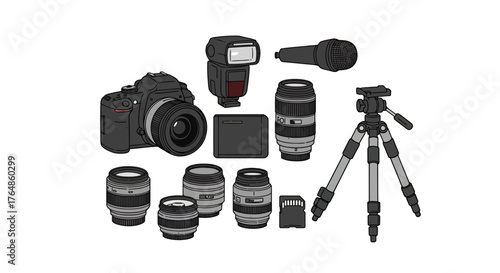 Comprehensive photography equipment collection featuring camera, lenses, and tripod accessories
