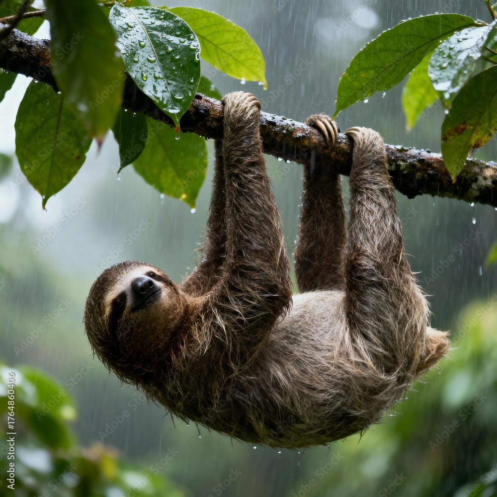 Fototapeta premium Three-Toed Sloth Hanging in Rainforest During Rain