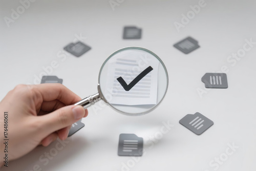 A hand holding a silver metal magnifying glass over a document with a black checkmark, surrounded by six identical gray document icons on a clean white background,