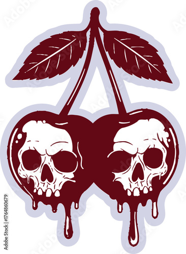 Two dripping red cherries with skull faces and black leaves on a light background