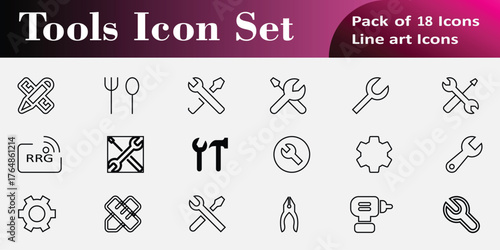 Versatile editable Tools Icon Set, Modern Repair and Construction Pack including wrenches, hammers, gears, pliers, a drill, and a spanner, suitable for industrial and DIY themes