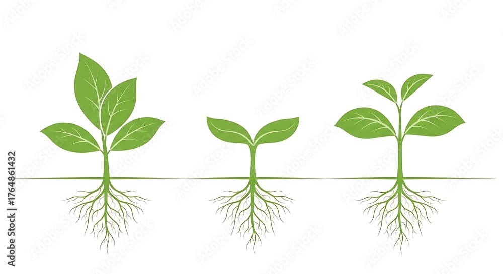 Obraz premium Three green seedlings illustrate the growth process, showcasing the plant's roots against white