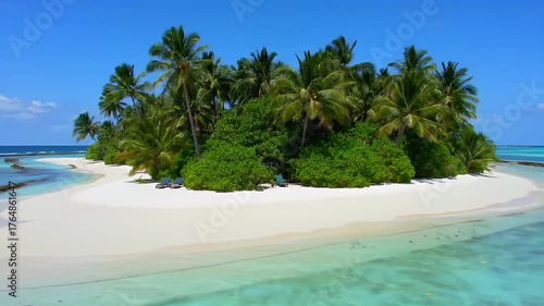 Pristine tropical island with white sand, swaying palm trees, and clear turquoise ocean under a vibrant blue sky