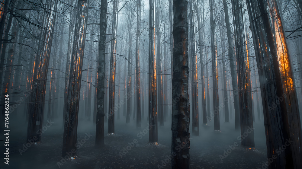 Fototapeta premium Mysterious Forest At Dusk With Orange Glows On Tree Trunks And Misty Atmosphere