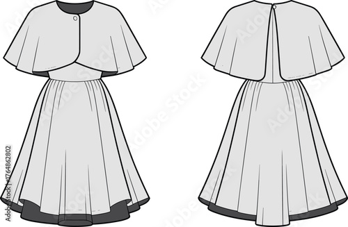 Capelet dress illustration, women’s fashion sketch, front and back view, fitted bodice design, flared skirt silhouette, garment template, clothing mockup, elegant apparel drawing, 