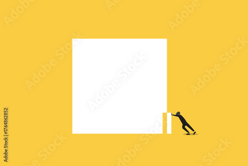 Foto Business challenge with businessman pushing part of block