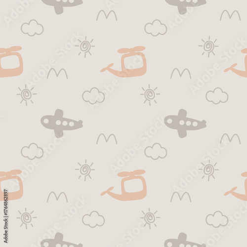 Airplane cartoon so cute. On helicopter cloud sun mountain background. Pattern seamless vector illustration. 