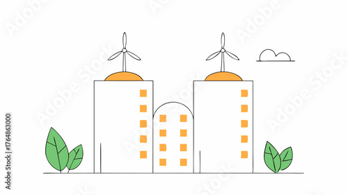 A skyline view of a sustainable apartment complex featuring vertical gardens wind turbines on the rooftops and community rooftop gardens promoting urban biodiversity.