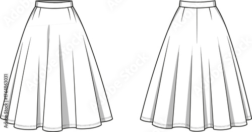 Flared skirt fashion illustration, technical flat sketch, yoke seam design, paneled skirt construction, apparel template, garment sewing reference, clothing pattern outline