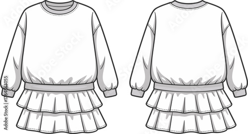 Girls ruffle dress illustration, long sleeve fashion sketch, front and back view, tiered skirt design, ribbed cuffs detail, garment template, clothing 