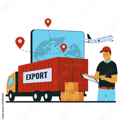 Streamlined global export logistics with tracking, featuring cargo truck, airplane and warehouse worker for efficient supply chain management solutions