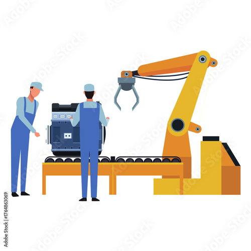Automated assembly line with robotic arm and factory workers, showcasing modern manufacturing and industrial automation for efficiency and productivity