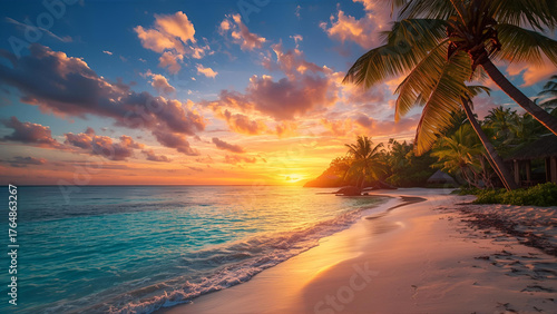 A tropical resort by the beach, highlighted by the sunset