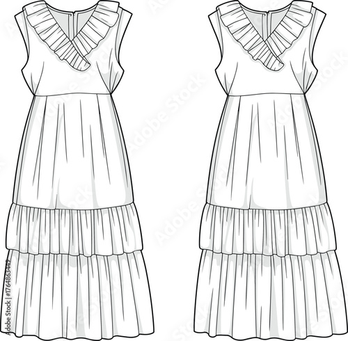 Sleeveless ruffle dress illustration, tiered skirt fashion sketch, women’s apparel design, front and back view, pleated neckline trim, garment template, clothing mockup, layered dress drawing,